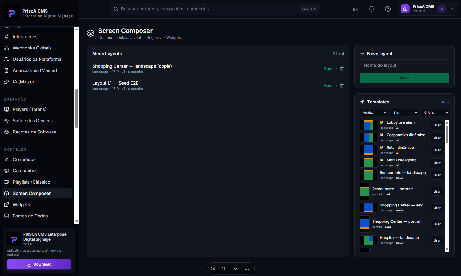 Screen Composer do PrIscA CMS